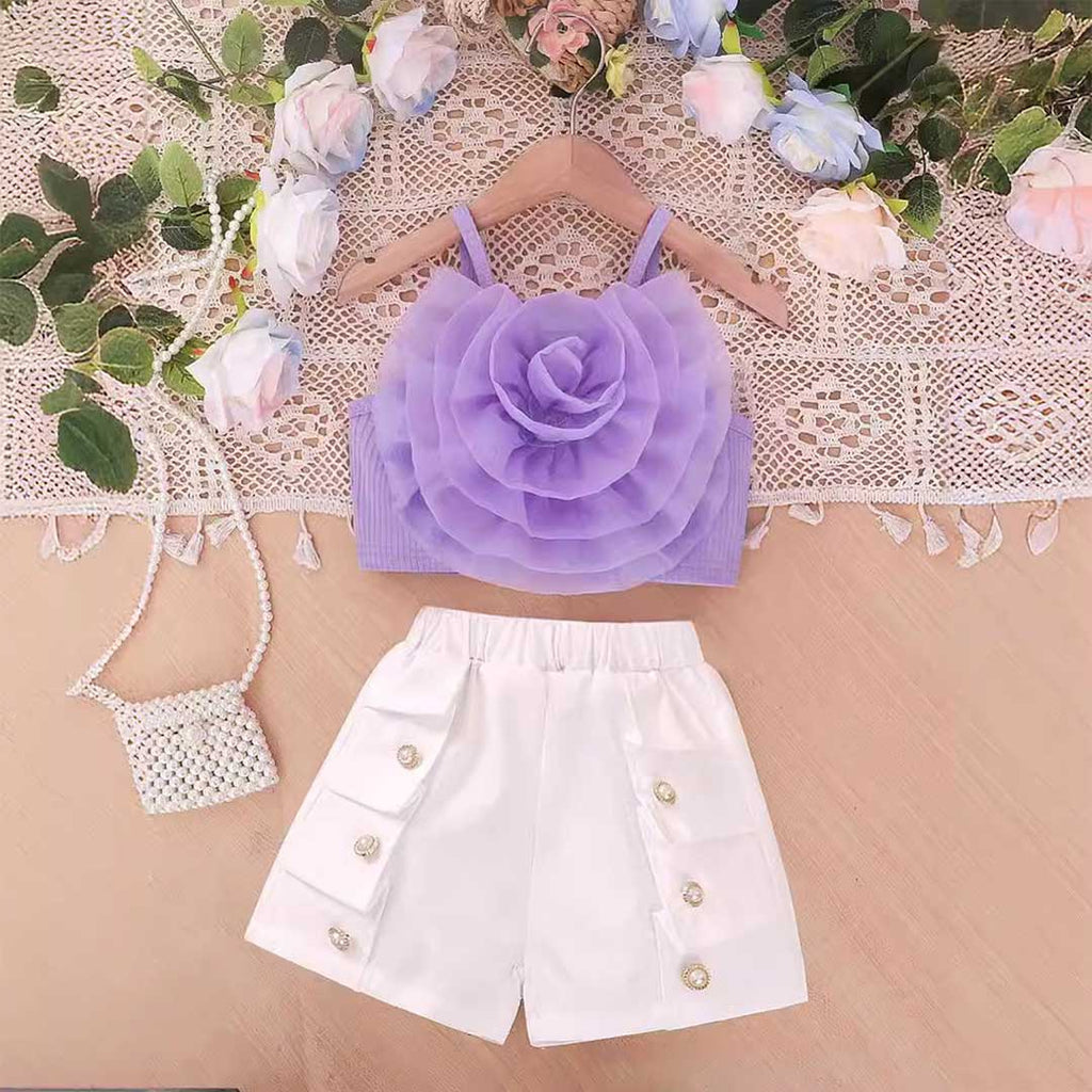 Girls Purple Flower Applique Camisole Top With Shorts Set 2 pc. Sets Purple 4-5 Y 