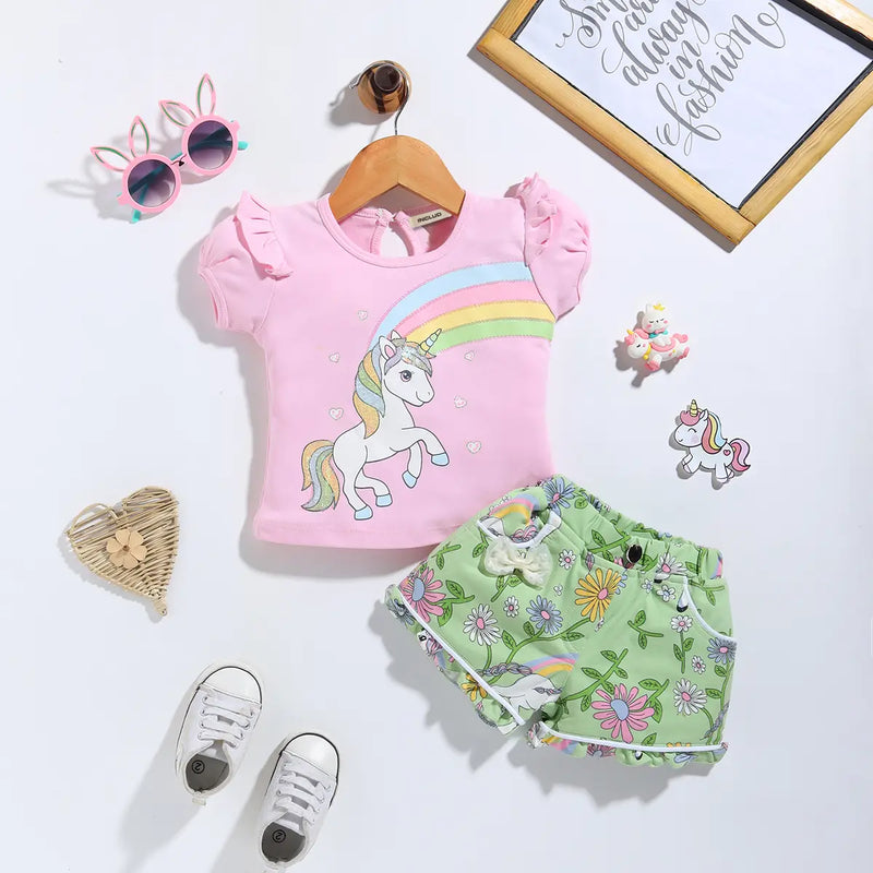Girls Pink Unicorn Printed T-Shirt With Printed Shorts Sets 2 pc. Sets Pink 0-3 M