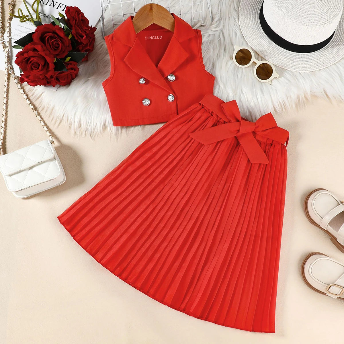 Girls Red Sleeveless Top With Pleated Flared Skirt Sets 2 pc. Sets Red 1-2 Y