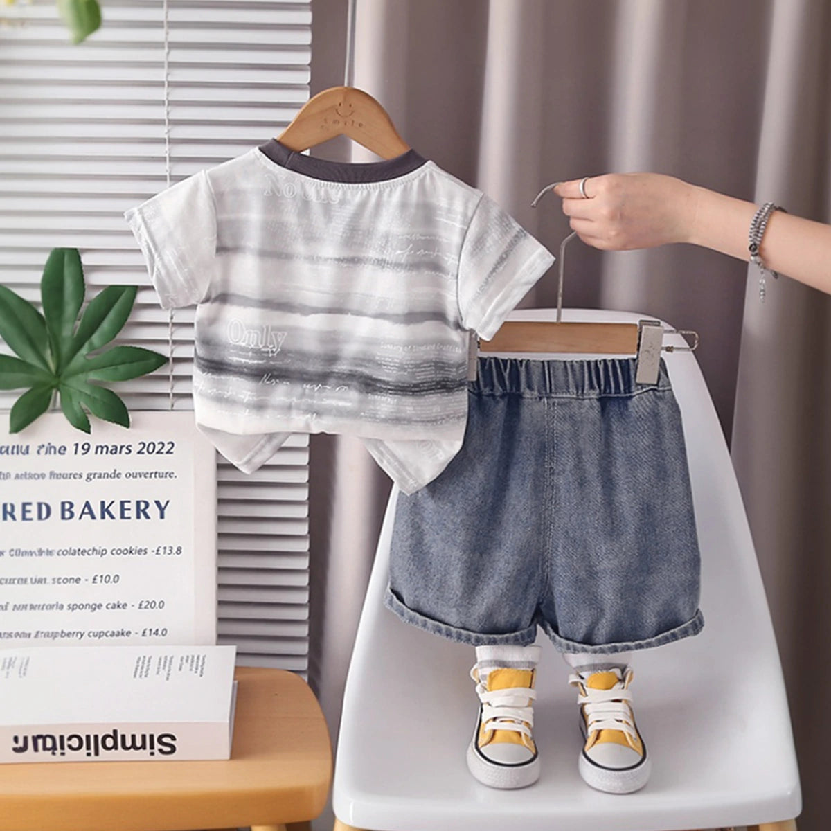 Boys Grey Typographic Print T-Shirt With Denim Shorts Set Sets