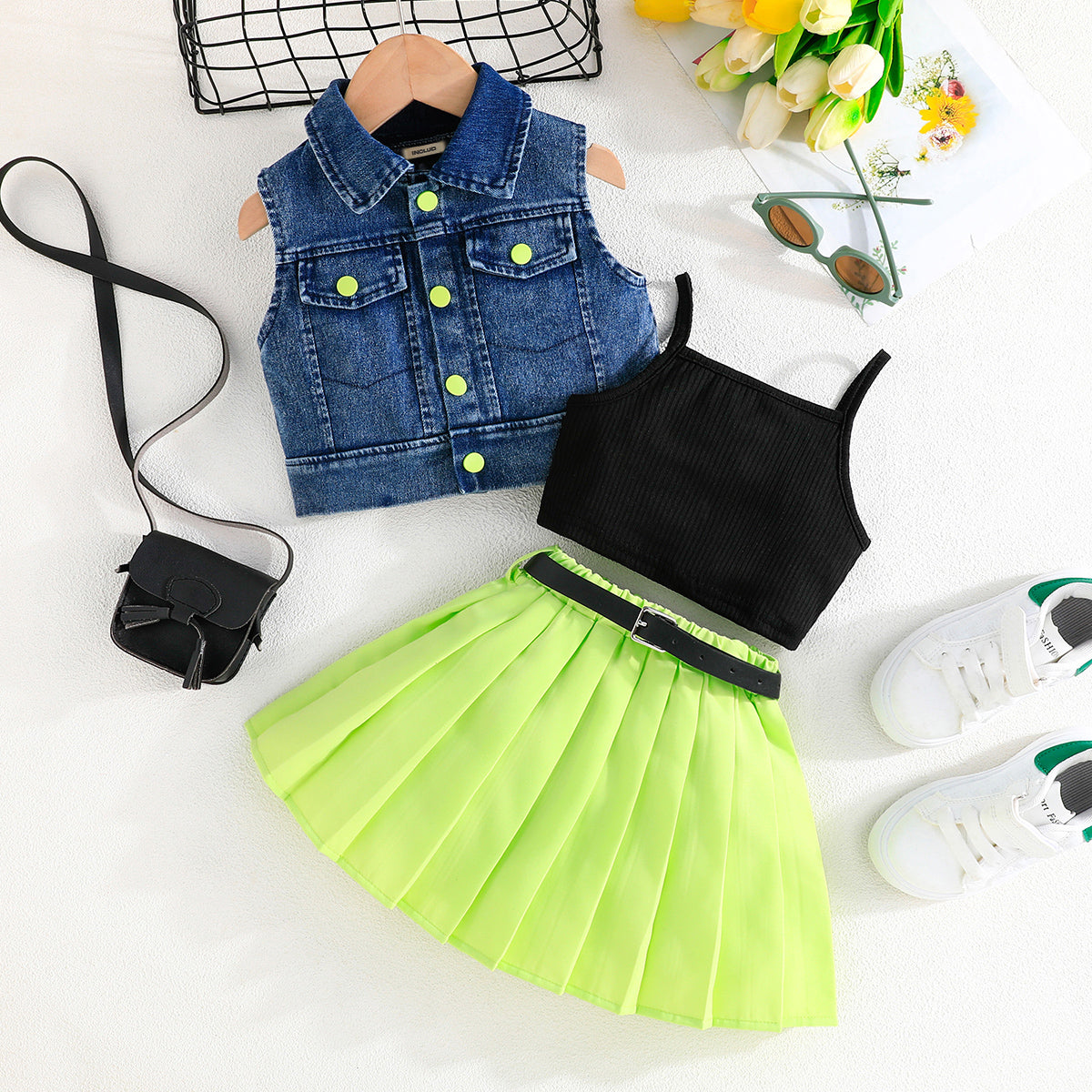 Girls Sleeveless Denim Jacket With Camisole Top And Green Pleated Skirt Set 3 pc. Sets Green 2-3 Y