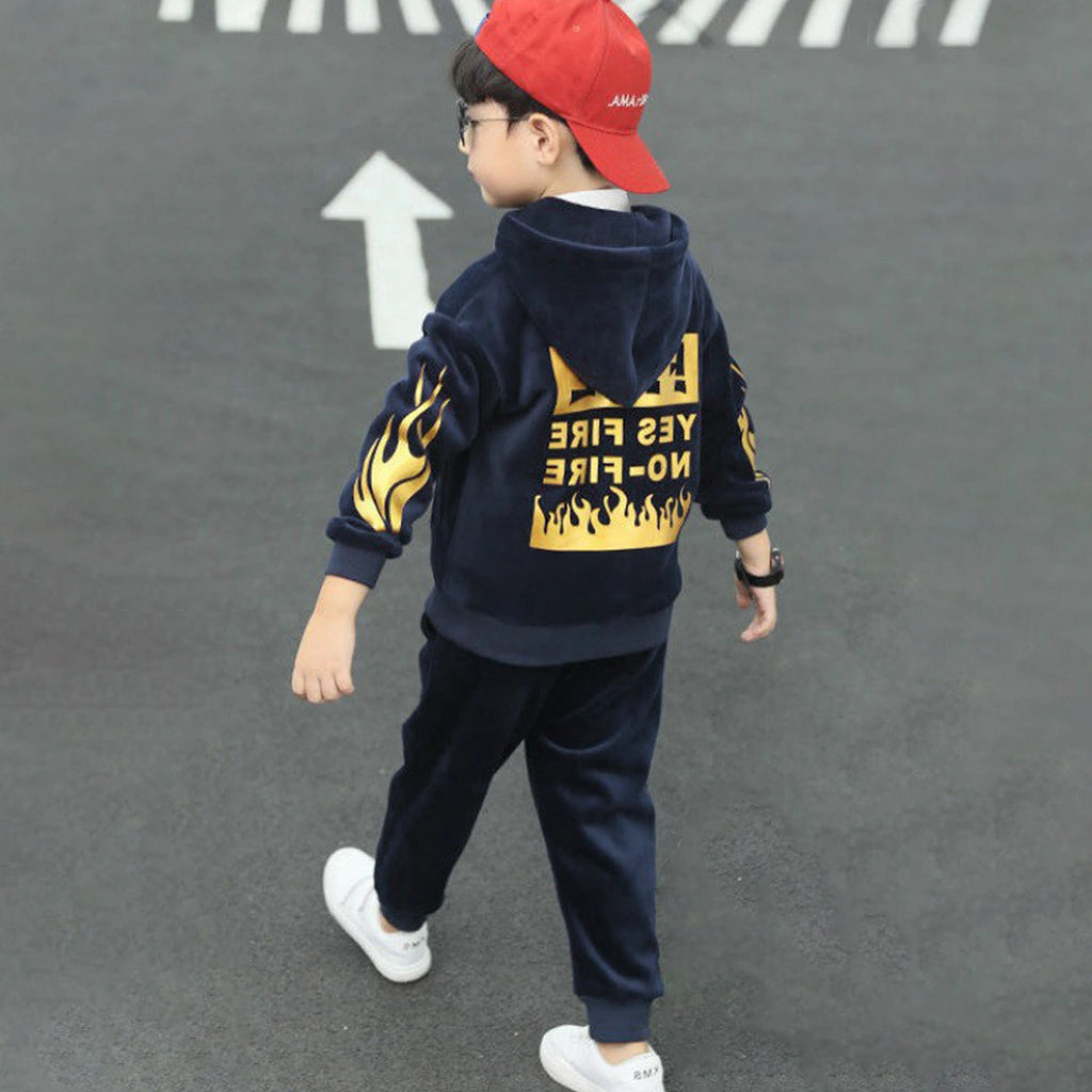 Boys Navy Blue Typographic Printed Hooded Zip-up Jacket With Jogger Sets Sets