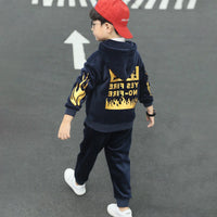 Boys Navy Blue Typographic Printed Hooded Zip-up Jacket With Jogger Sets Sets