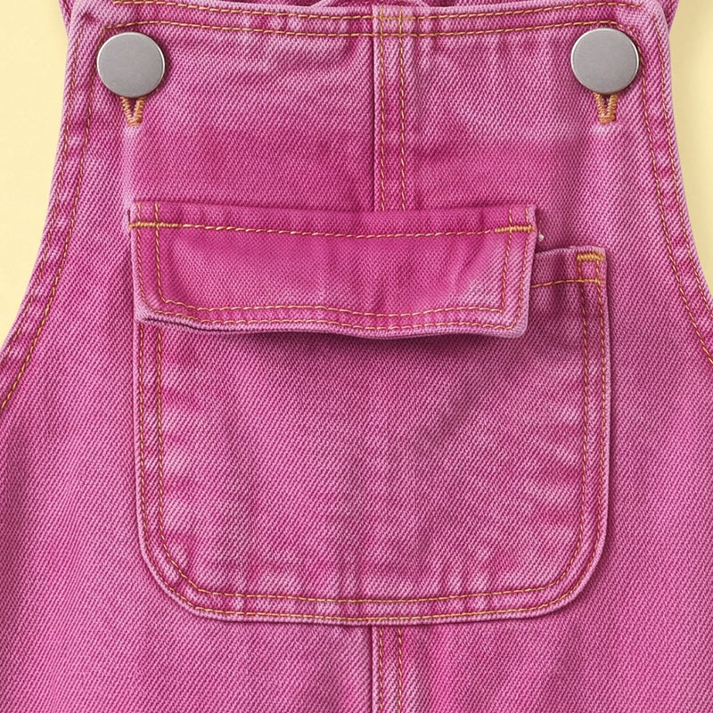 Girls Fuchsia Denim Bow Applique Dungaree Jumpsuits