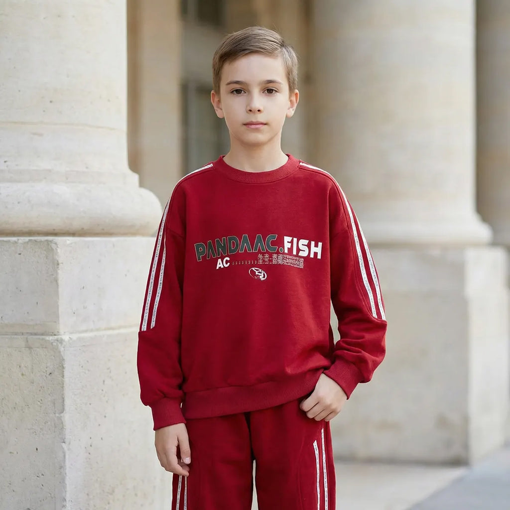 Boys Red Typographic Printed Sweatshirt With Joggers Winter Co-ord Sets 2 pc. Sets
