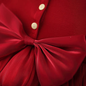 Girls Red Solid Layered Ruffle Dress With Bow Casual Dresses