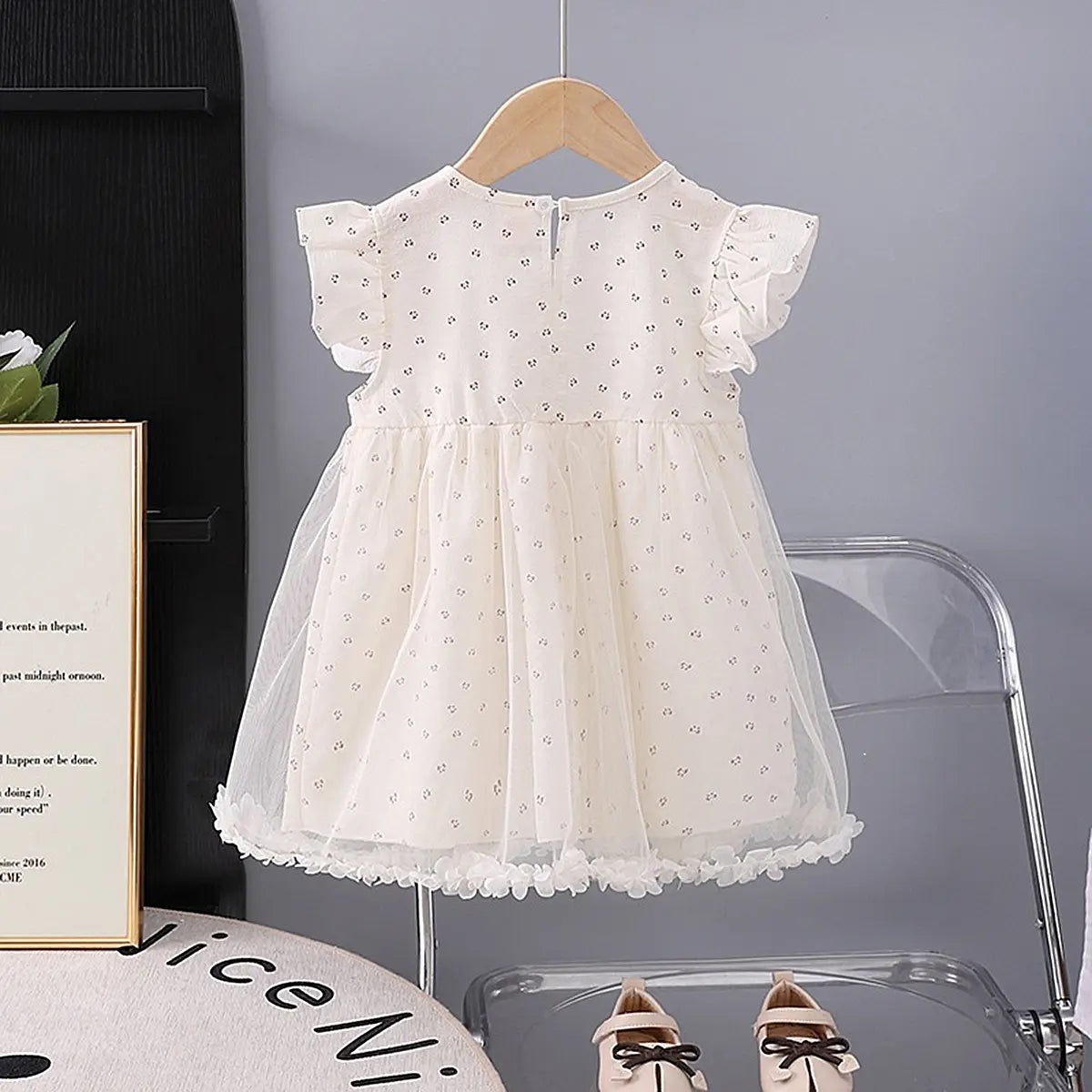 Girls Red Heart Applique A-Line Dress With Floral Print Tulle Overlay Casual Dresses
