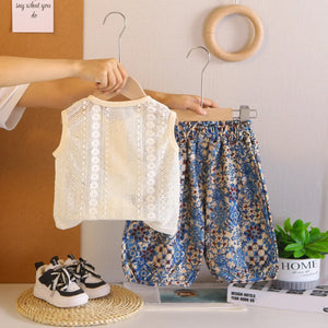 Girls Off White Sleeveless Net Top with Printed Pants Sets 2 pc. Sets