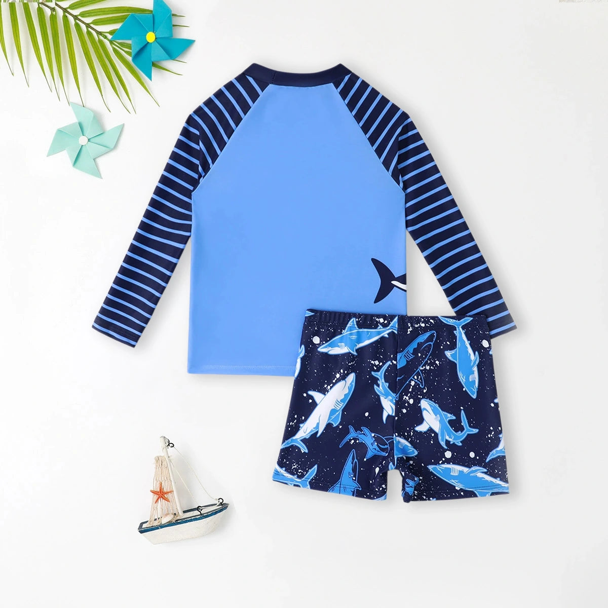 Boys Blue Shark Printed T-Shirt With Shorts Swimwear Sets Sets