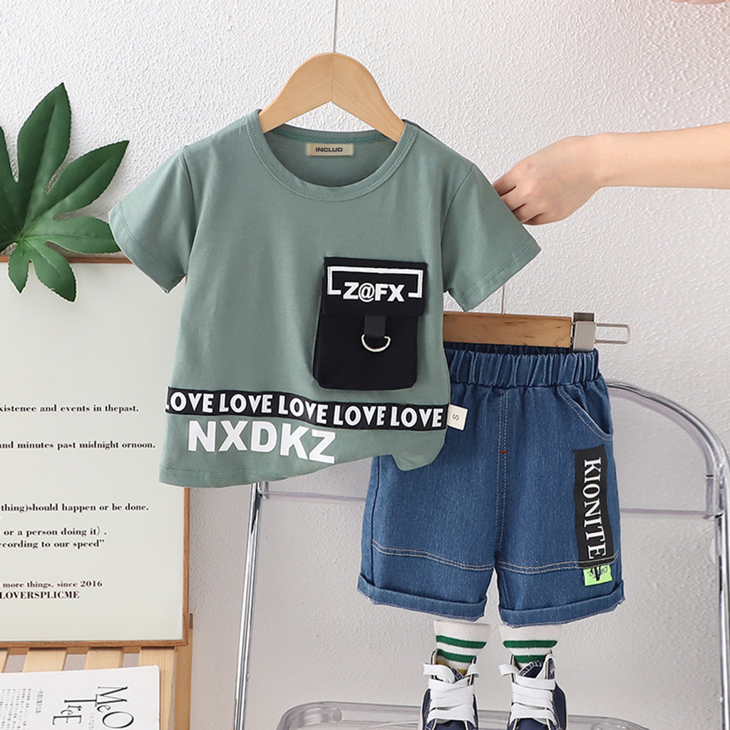 Boys Typography Print Short Sleeve T-Shirt With Denim Shorts