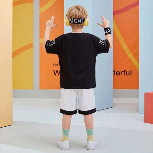 Boys Black Typographic Print Short Sleeve T-Shirt With Shorts Sets 2 pc. Sets