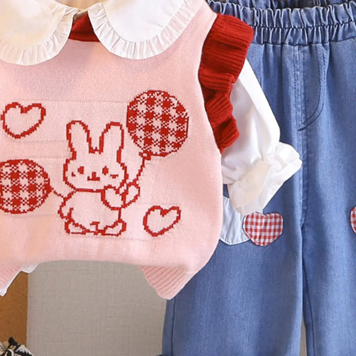 Girls Pink Bunny Printed Sweater Vest With Top & Denim Pant Sets Sets