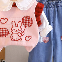 Girls Pink Bunny Printed Sweater Vest With Top & Denim Pant Sets Sets