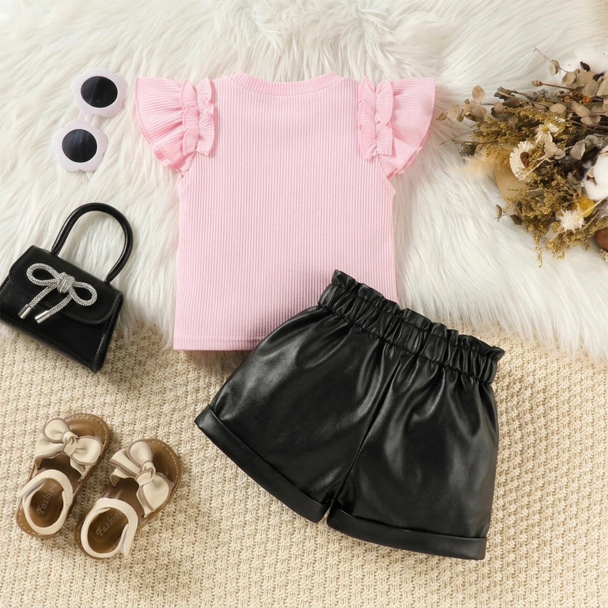 Girls Light Pink Ribbed Flutter Sleeve Top With Faux Leather Shorts Sets 2 pc. Sets