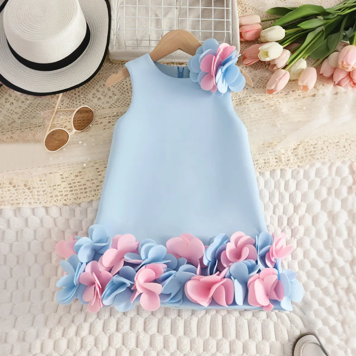 Girls Sky Blue Sleeveless A-line Party Wear Dress With 3D Flowers Appliques Party Dresses Sky Blue 2-3 Y
