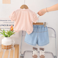 Girls Pink Bow Appliqued Puff Sleeves Top With Denim Shorts Set 2 pc. Sets