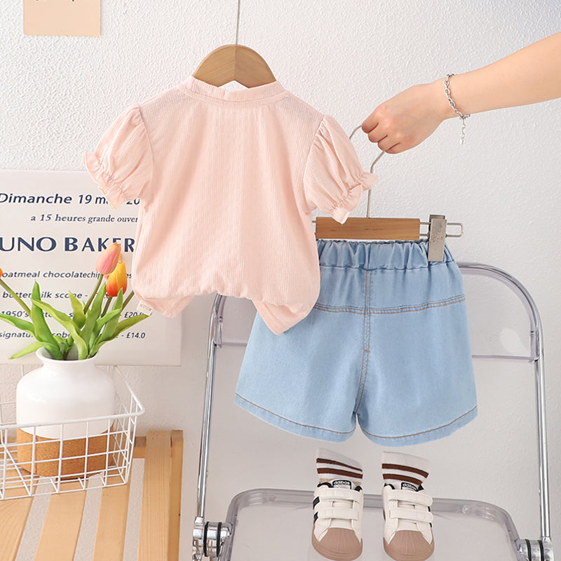 Girls Pink Bow Appliqued Puff Sleeves Top With Denim Shorts Set 2 pc. Sets