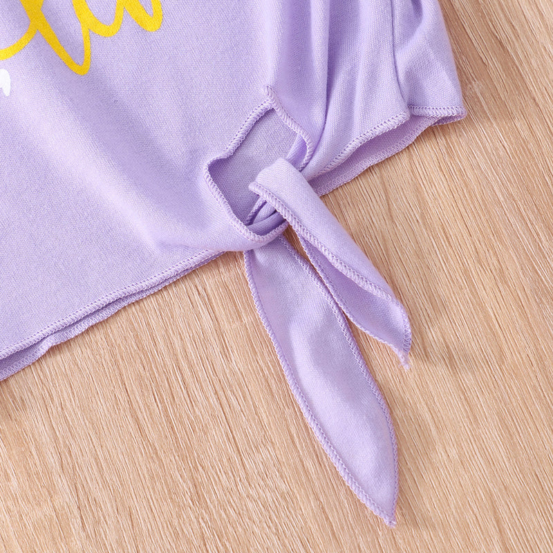 Girls Purple Printed Tie Knot Top With Stripes Skirt Set 2 pc. Sets