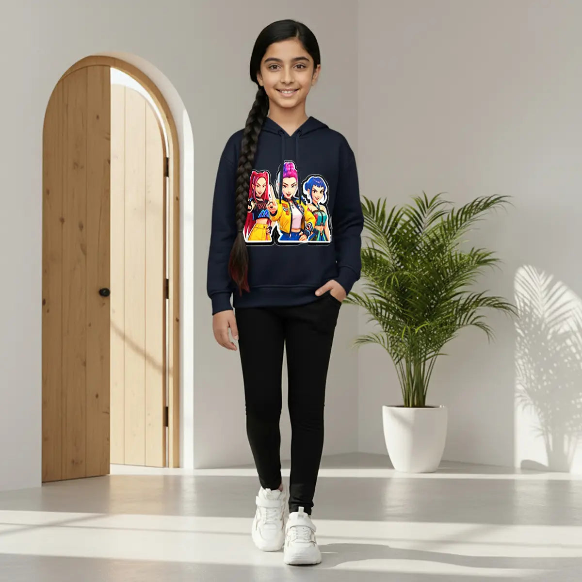 Girls Navy Blue K-Pop Graphics Hoodie Sweatshirts & Hoodies Navy Blue 2-3 Y