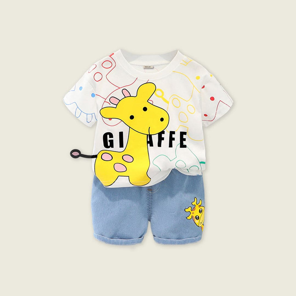 Boys White Giraffe Graphic T-Shirt With Denim Shorts Sets White 1-2 Y 