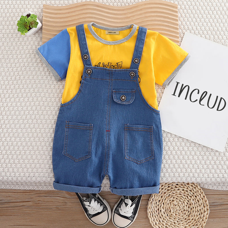 Boys Yellow Short Sleeves Round Neck T-Shirt With Denim Dungaree Set 2 pc. Sets