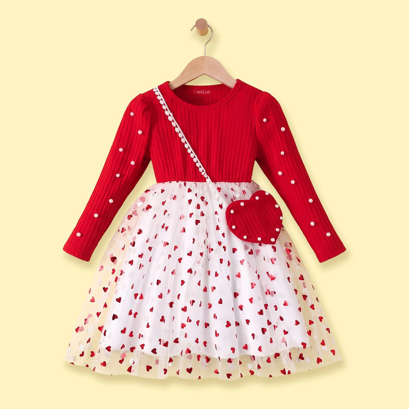 Girls Red Heart Printed Fit & Flare Dress Casual Dresses Red 3-4 Y