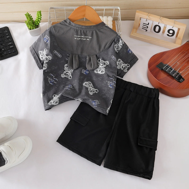 Boys Dark Grey Bear Cartoon Print Short Sleeves T-Shirt With Shorts Set Sets