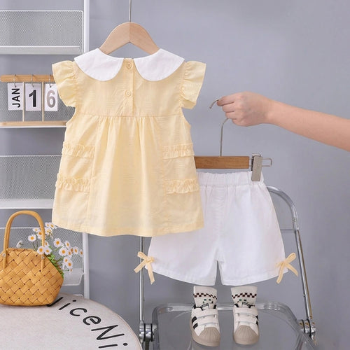 Girls Yellow Flower Applique Top With Shorts Sets 2 pc. Sets