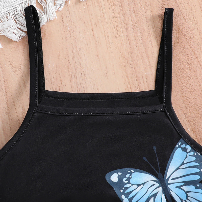 Girls Black Butterfly Printed Bodycon Dress With Short Sleeves Top Casual Dresses