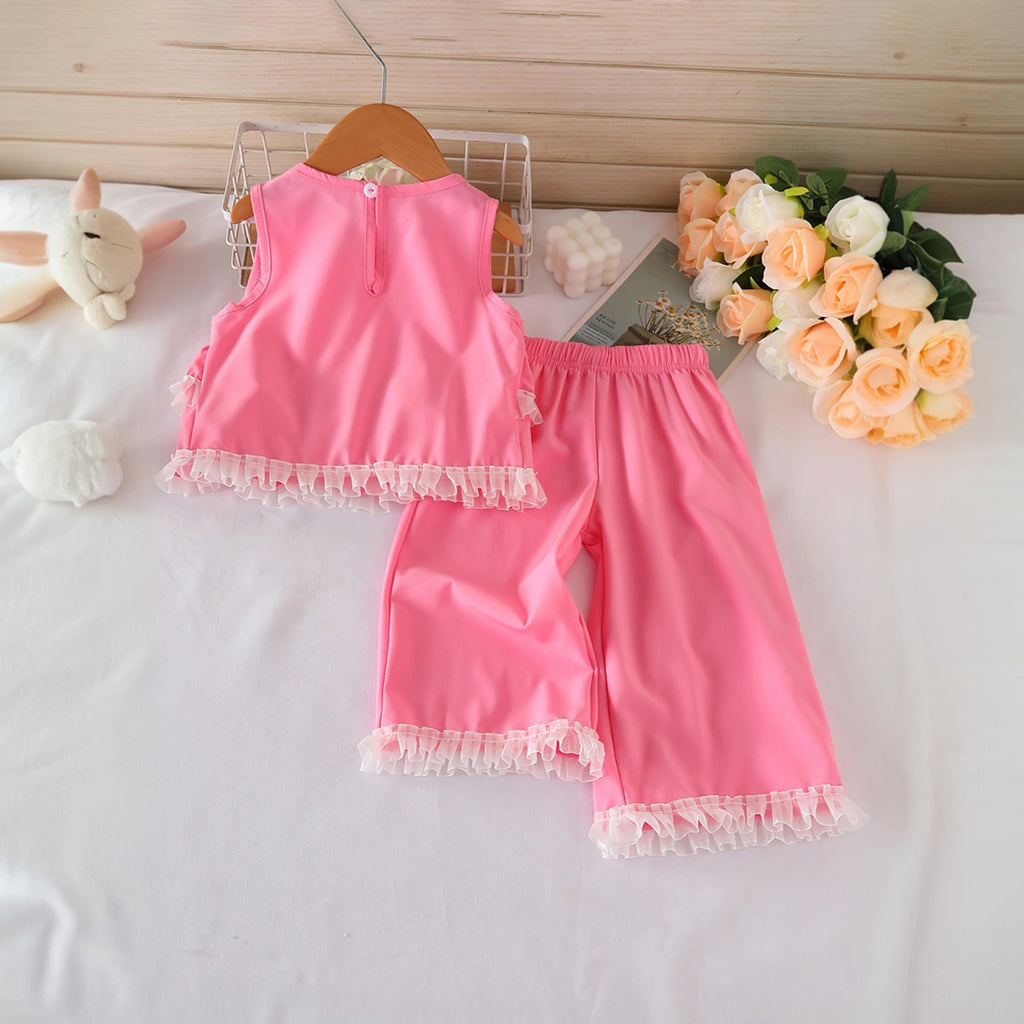 Girls Pink Solid Sleeveless Peplum Top With Pants Co-ord Sets Sets