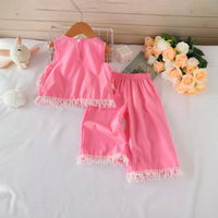 Girls Pink Solid Sleeveless Peplum Top With Pants Co-ord Sets Sets