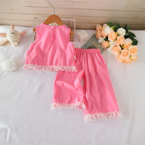 Girls Pink Solid Sleeveless Peplum Top With Pants Co-ord Sets Sets