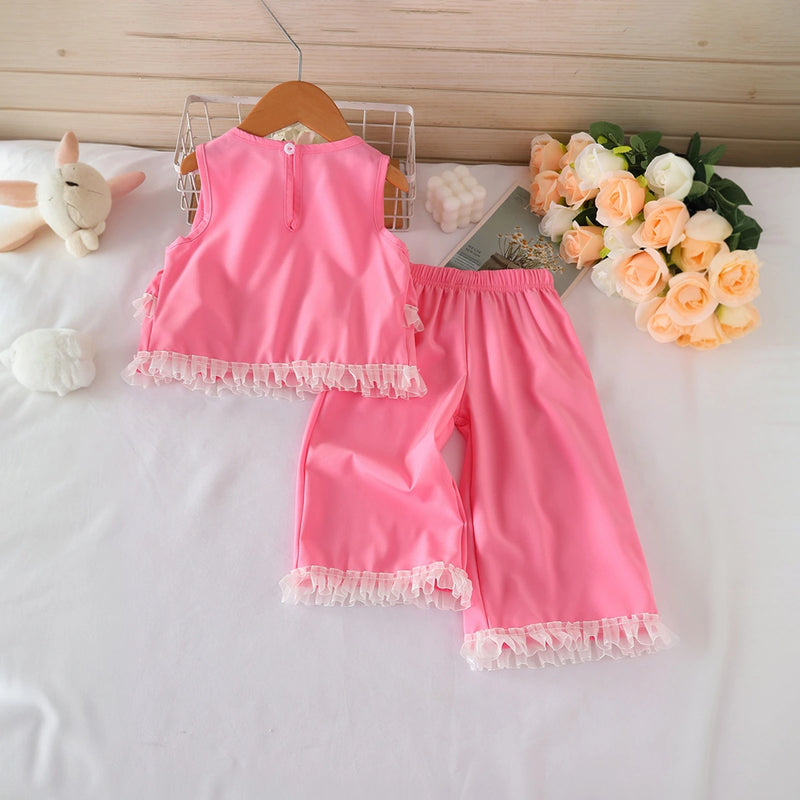 Girls Pink Solid Sleeveless Peplum Top With Pants Co-ord Sets Sets
