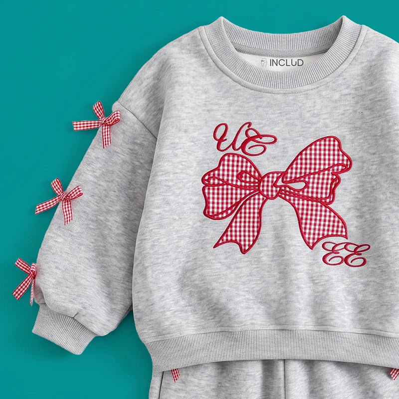 Girls Grey Bow Applique Long Sleeve Sweatshirt With Pants Sets 2 pc. Sets