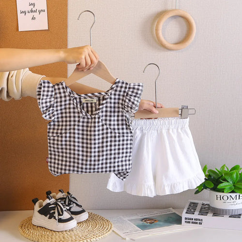 Girls Black Checked Top With Ruffled Hem Shorts Sets Sets Black 1-2 Y