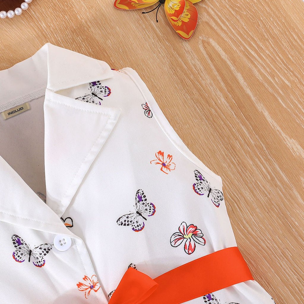 Girls Orange Butterfly Printed Waistcoat Top & Hat With Crop Top & Shorts Summer Set Sets