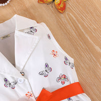 Girls Orange Butterfly Printed Waistcoat Top & Hat With Crop Top & Shorts Summer Set Sets