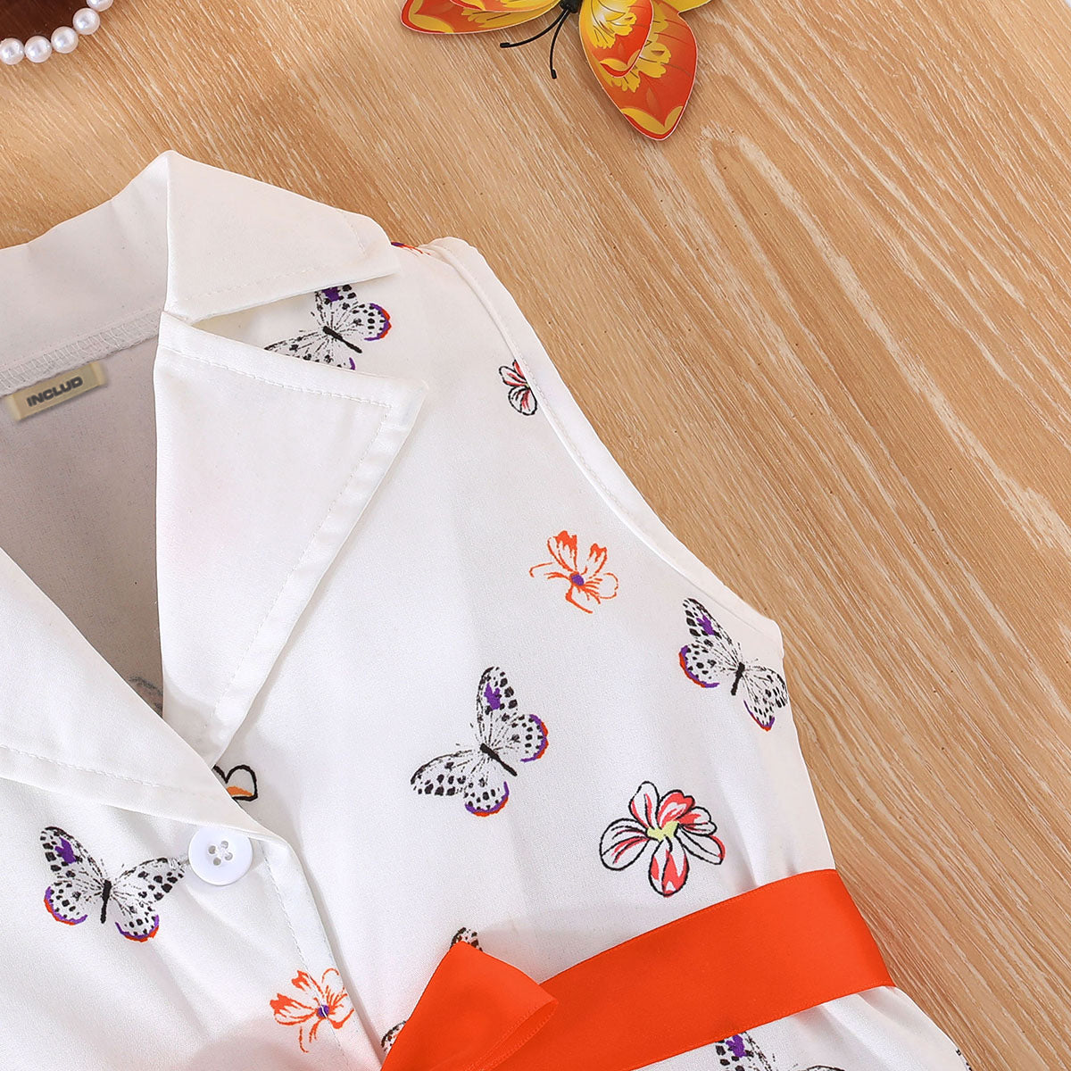 Girls Orange Butterfly Printed Waistcoat Top & Hat With Crop Top & Shorts Summer Set Sets