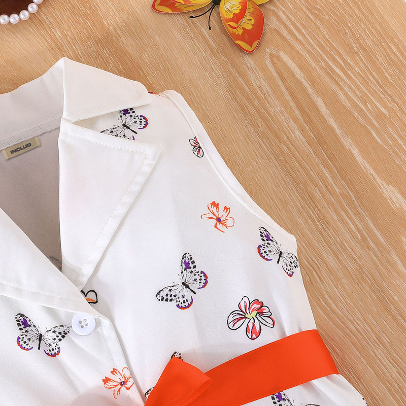 Girls Orange Butterfly Printed Waistcoat Top & Hat With Crop Top & Shorts Summer Set Sets