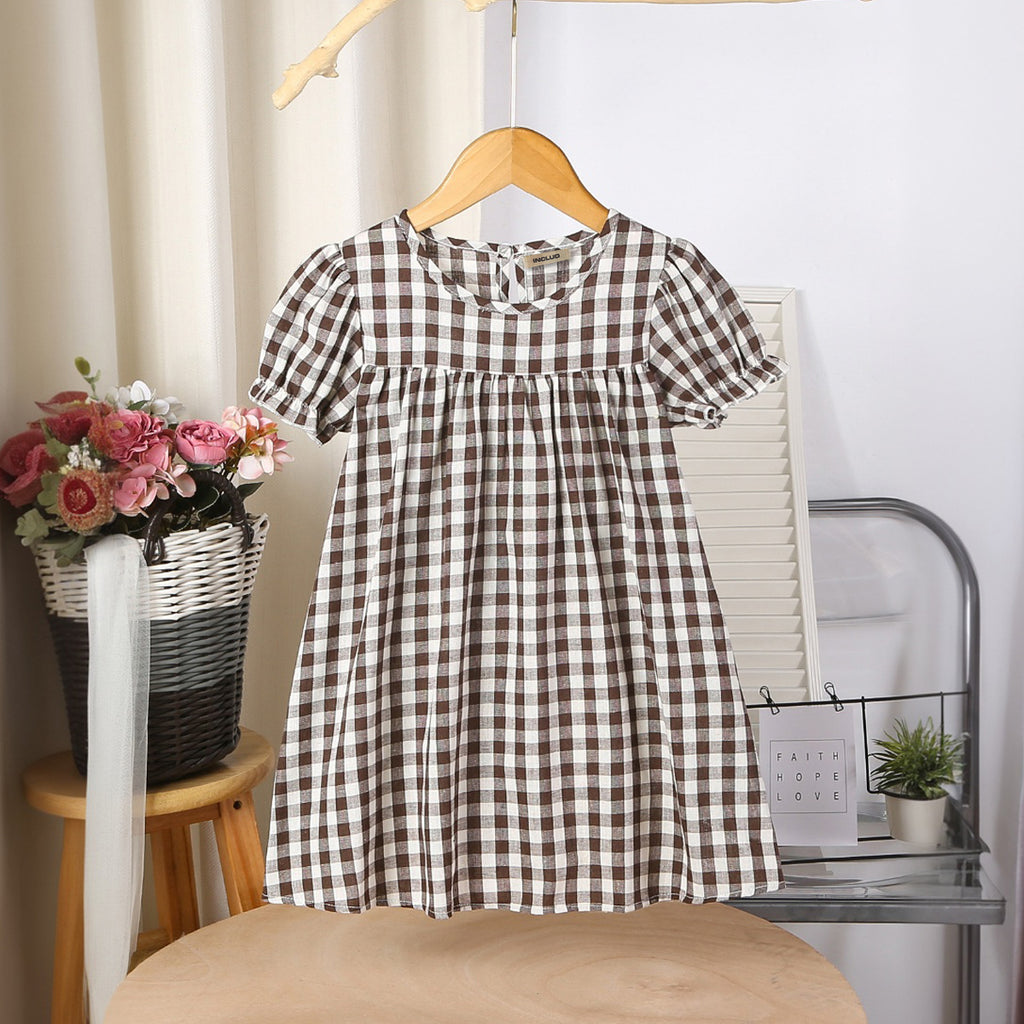 Girls Brown Gingham Checked Short Sleeves Dress Casual Dresses Light Brown 3-4 Y