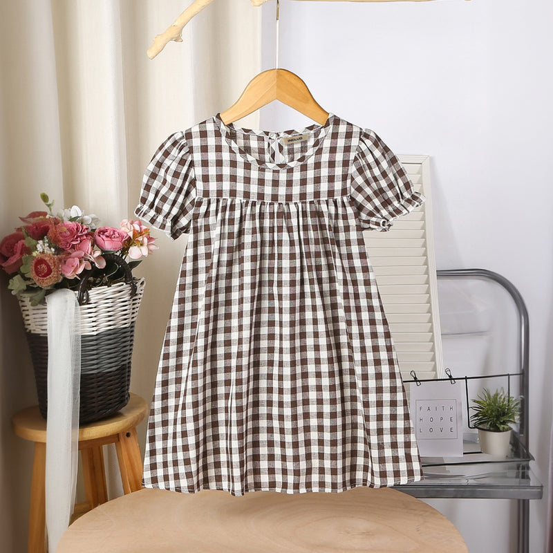 Girls Brown Gingham Checked Short Sleeves Dress Casual Dresses Light Brown 3-4 Y