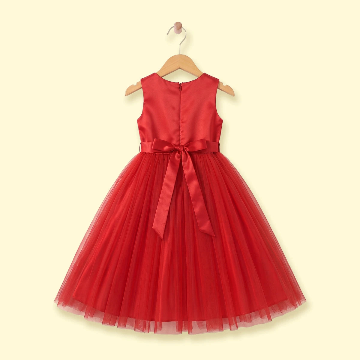 Girls red sleeveless party gown with tulle skirt and applique