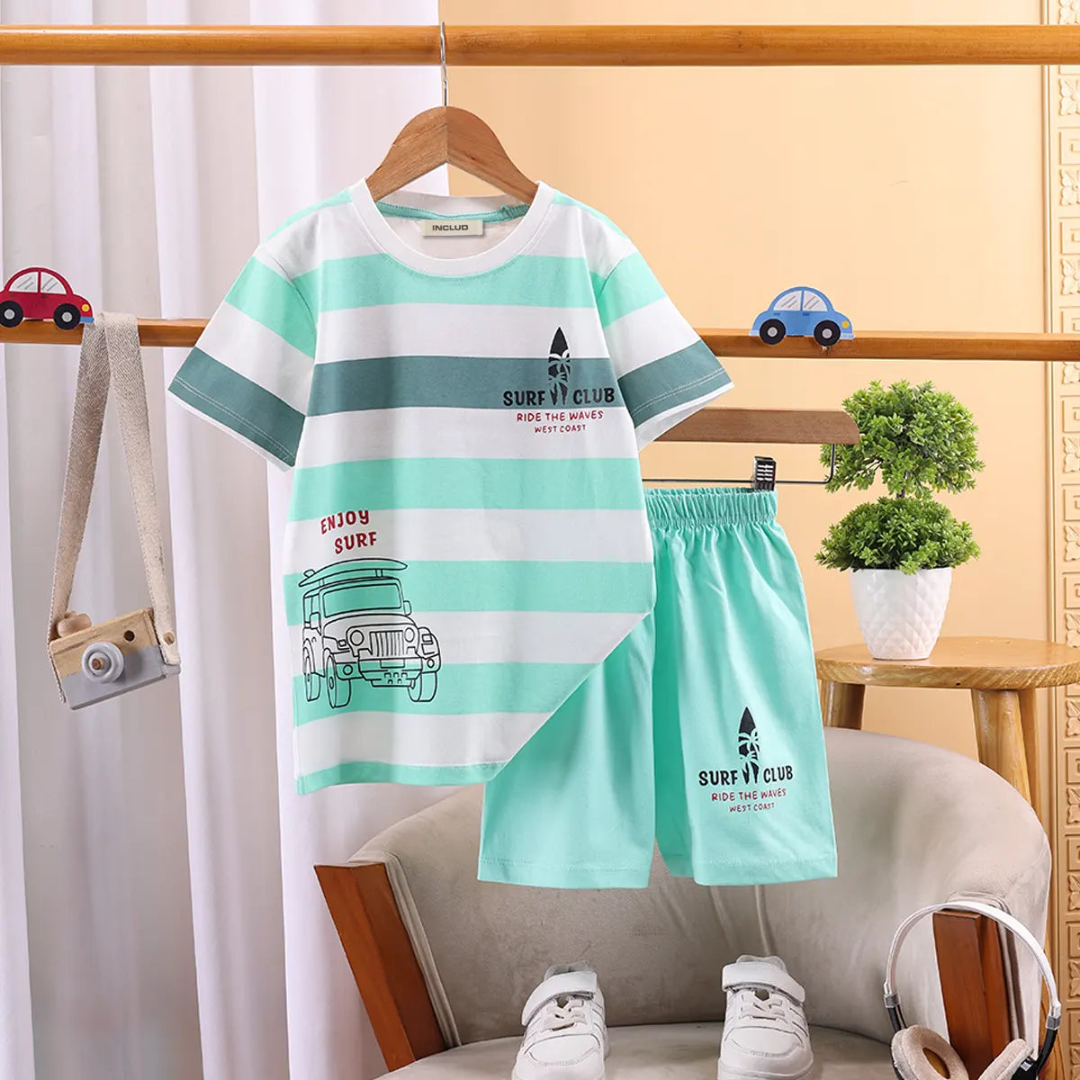 Boys Green Stripes And Graphic Print T-Shirt With Elasticated Shorts Sets 2 pc. Sets Green 3-4 Y