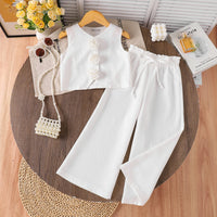 Girls White Rose Applique Sleeveless Top With Wide Leg Pants Sets 2 pc. Sets White 3-4 Y