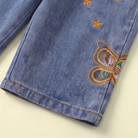 Girls Pink Butterfly Embellished Sweatshirt & Denim Pants Sets Sets
