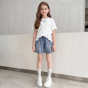 Girls Light Blue Bow Applique Loose Fit Denim Shorts Shorts Light Blue 5-6 Y