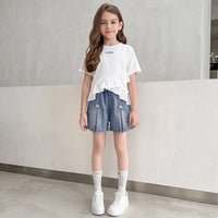 Girls Light Blue Bow Applique Loose Fit Denim Shorts Shorts Light Blue 5-6 Y