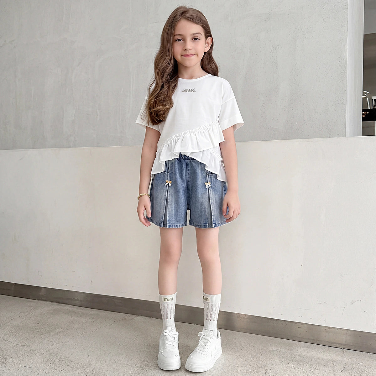 Girls Light Blue Bow Applique Loose Fit Denim Shorts Shorts Light Blue 5-6 Y