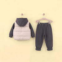 Boys Grey Fleece Hooded Zipper Jacket With Puffer Vest & Jogger Sets Sets