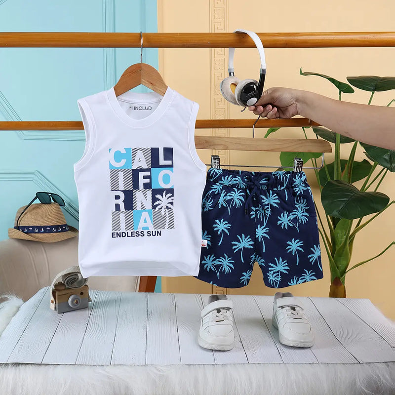 Boys Blue California Printed Vest With Printed Drawstring Shorts Sets Sets Blue 6-12 M